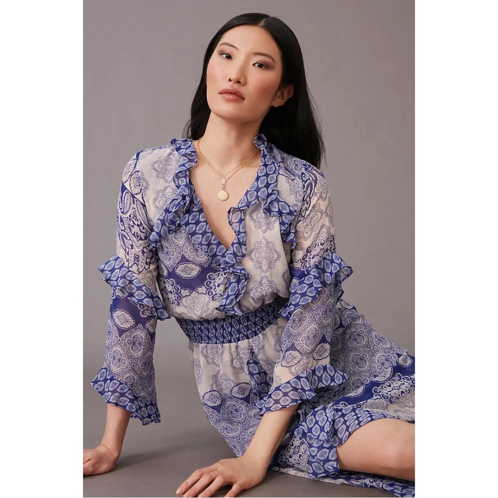 NWOT Misa Los Angeles Anthro High-Low Maxi Dress Blue & White Paisley Ruffles XS